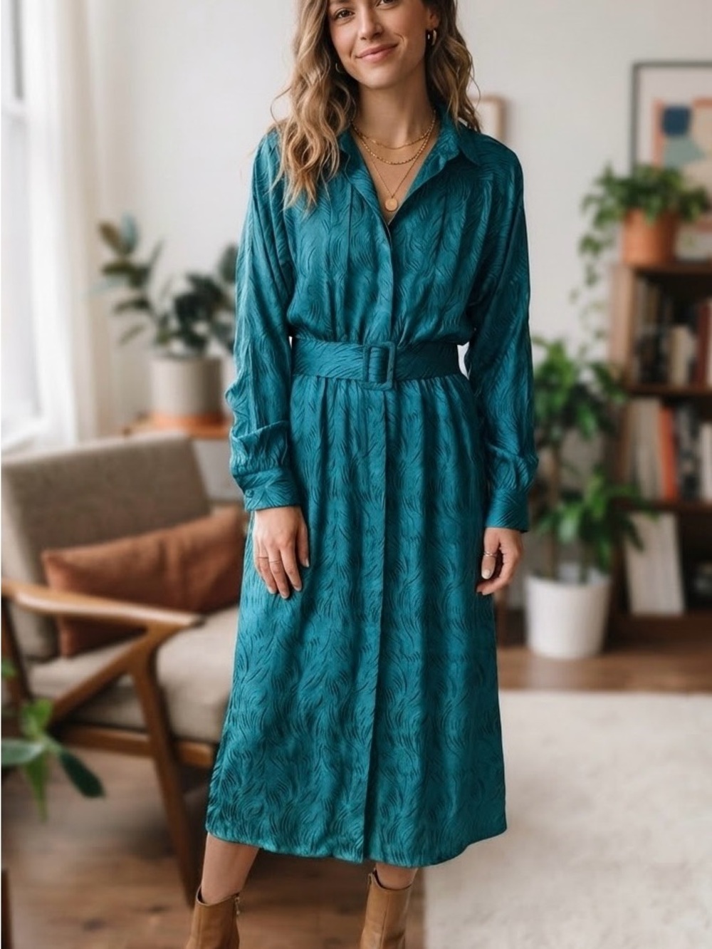 Presence Vintage Teal Green Abstract Swirl Midi Shirt Dress 90s 80s Retro